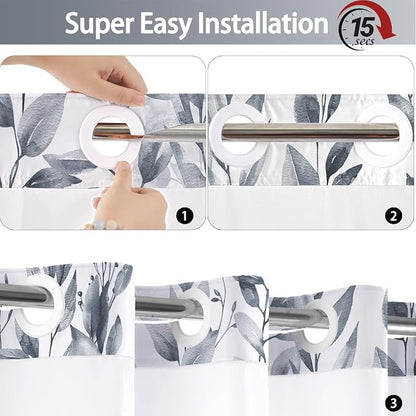 No Hook Shower Curtain and Liner Set, Blue Grey Eucalyptus 71x84 | Floral Design, with Snap in Liner, See-Through Top Window, Waterproof, Machine Washable, Quick-Drying, for Hotel Bathroom
