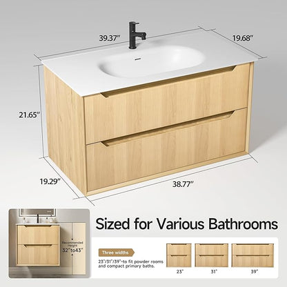 40" Japandi Floating Bathroom Vanity with Sink, Pre-Assembled Natural Oak Multi-Layer Solid Wood Bathroom Sink Vanity, Wall Mounted with Integrated Stone Top and 2 Soft Close Drawers