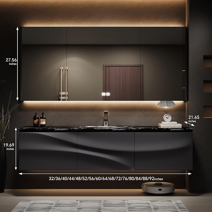 Single/Double Sink Bathroom Vanity, Solid Wood Vanity with Smart Defog Mirror Cabinet, Floating Vanity Cabinet with Storage
