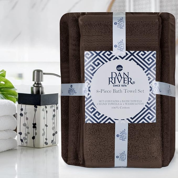 DAN RIVER 8 Piece Luxury Bath Towels for Bathroom, Towel Set, Brown | 2 Bath towels, 2 Hand towels, and 4 Wash Cloths, 600 GSM 100% Ring Spun Cotton, Highly Absorbent, Gym, Hotel, guest, and Spa