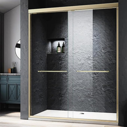 Glass Shower Door,56-60'' W x 72''H Bypass Sliding Door Semi-Frameless Shower Enclosure 1/4"(6mm) Glass Sliding Bathroom Door,Brushed Gold Stainless Steel Hardwares