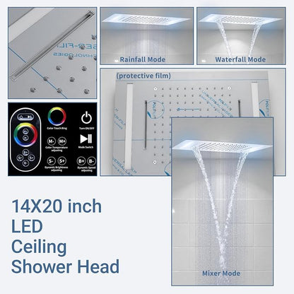 Temperature Display Shower System Chrome Shower Faucet Set with 14X20 inch Rainfall Shower & Waterfall Modes, Handheld Spray
