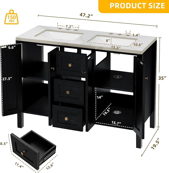 DWVO 47 Inch Bathroom Vanity with Double Sink | Bathroom Storage Cabinet
