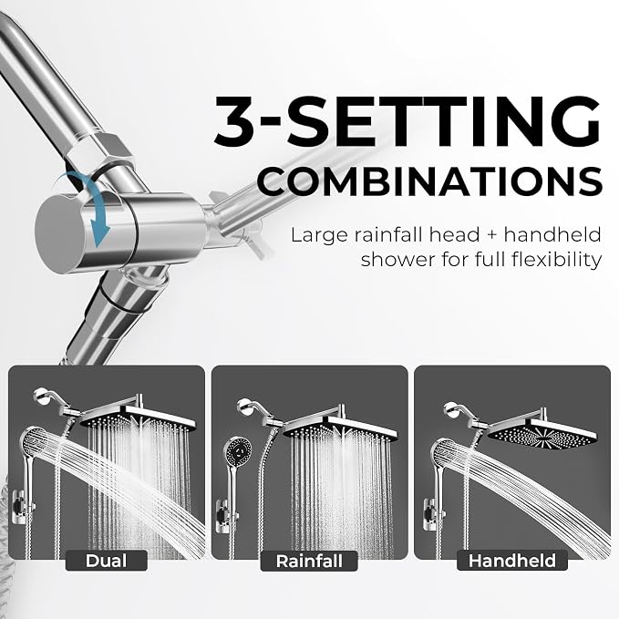 Chrome Rain Shower Head with Handheld Shower Head, 5 Spray Modes | High-Pressure Dual Shower Combo, Multi-Spray Handheld, 15-Inch Metal Extension Arm, Detachable Design for Easy, Flexible Use