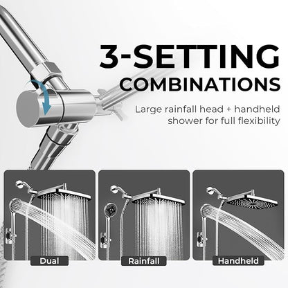 Chrome Rain Shower Head with Handheld Shower Head, 5 Spray Modes | High-Pressure Dual Shower Combo, Multi-Spray Handheld, 15-Inch Metal Extension Arm, Detachable Design for Easy, Flexible Use