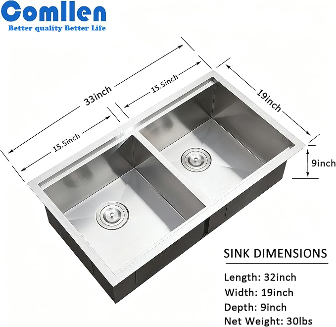 COMLLEN 33 Inch Double Bowl Undermount Kitchen Sink,33x19 Inch Workstation 16 Gauge Stainless Steel Double Kitchen Sinks with Cutting Board,9 Inch Deep Sink Maximizes Space Efficiency