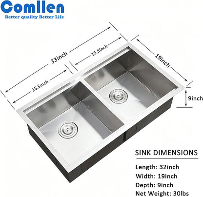 COMLLEN 33 Inch Double Bowl Undermount Kitchen Sink,33x19 Inch Workstation 16 Gauge Stainless Steel Double Kitchen Sinks with Cutting Board,9 Inch Deep Sink Maximizes Space Efficiency