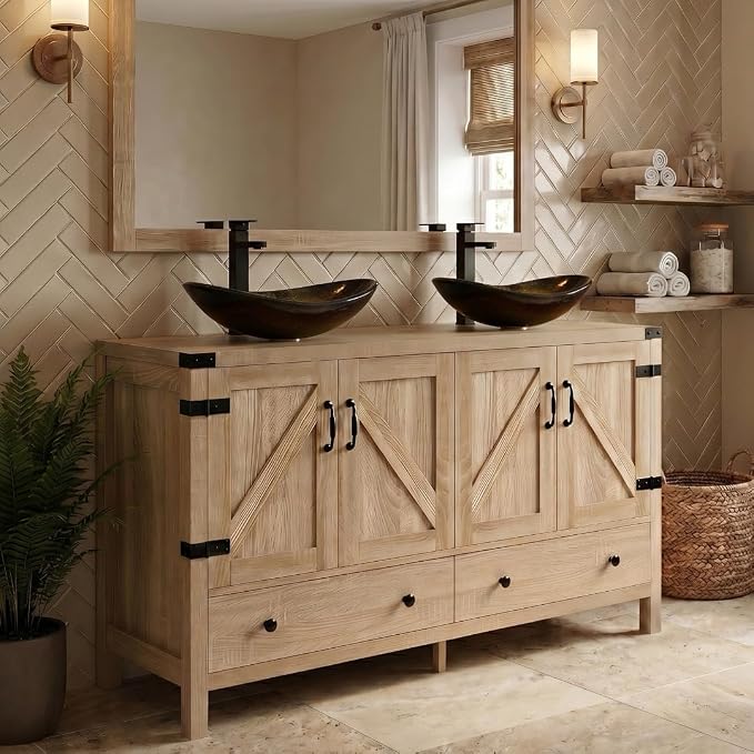 48 inch Natural Color Bathroom Vanity, Rustic Fixture Standing Pedestal Cabinet with Two Gold Boat Vessel Sinks