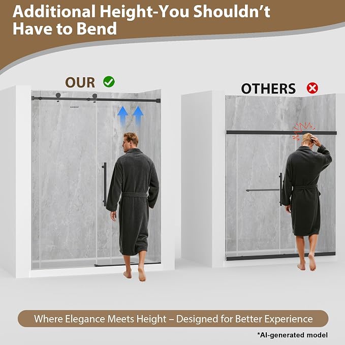 61-66" W x 76" H Frameless Sliding Shower Doors Matte Black | 1/4''(6mm) Tempered Glass,Explosion Proof Film,Nano Coating,Stainless Steel Hardware,Easy to Clean,Customizable Width
