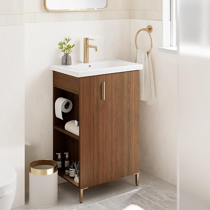 Pre-Assembled 20 Inch Small Bathroom Vanity, Freestanding Walnut Bathroom Cabinet with Ceramic Sink, Soft-Close Door, Left Side Storage, No Faucet, BV05-20-WALNUT-PLUS