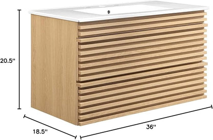 Modway Render 36" Wall-Mount Bathroom Vanity in Oak White