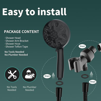Matte Black Filtered Handheld Shower Head – 10 Spray Modes with Rain & Massage, Built-in Filter, Anti-Clog Nozzles, Power Rinse for Tile & Pets, Easy to Install