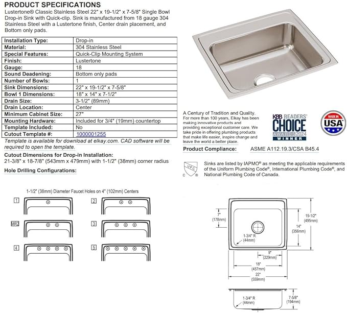 22 Inch Drop In Stainless Steel Kitchen Sink, Single Bowl 18 Gauge 304 Stainless Steel Sink, 7-5/8" Deep Basin, Lustertone Satin Finish Top Mount Kitchen Sink, Quick Clip Installation, 1 Faucet Hole