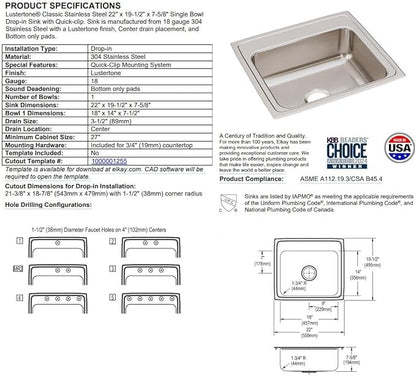 22 Inch Drop In Stainless Steel Kitchen Sink, Single Bowl 18 Gauge 304 Stainless Steel Sink, 7-5/8" Deep Basin, Lustertone Satin Finish Top Mount Kitchen Sink, Quick Clip Installation, 1 Faucet Hole