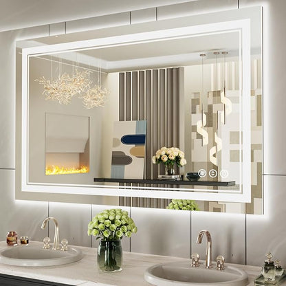 48x30 Inch LED Bathroom Mirror with Lights | Front and Backlit, 3 Colors, Dimmable, Memory, Anti Fog, Shatterproof, Horizontal/Vertical, Lighted Mirrors for Bathroom Wall
