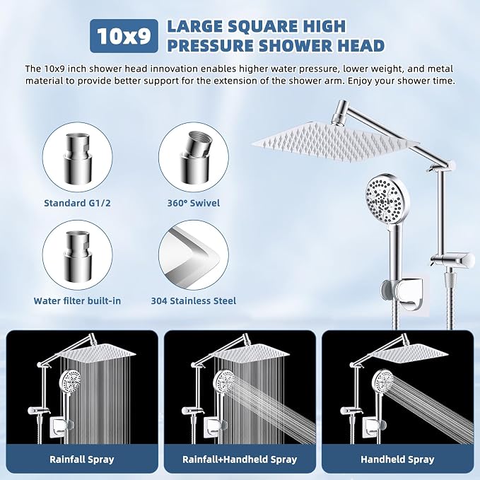 Metal 10" Rain Shower Head with Handheld, High-Pressure Showerhead,10-Mode | Chrome, Rainfall Shower Head with 5" Large Handheld Spray, Adjustable 16" Shower Extension Arm/71" Hose, Brass 3-Way Diverter