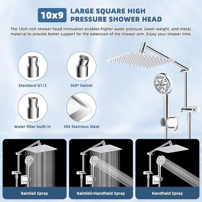 Metal 10" Rain Shower Head with Handheld, High-Pressure Showerhead,10-Mode | Chrome, Rainfall Shower Head with 5" Large Handheld Spray, Adjustable 16" Shower Extension Arm/71" Hose, Brass 3-Way Diverter
