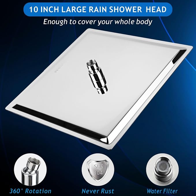 Voolan All Metal Shower Head with Extension Arm, Stainless Steel Waterfall Rainfall Showerheads, High Flow Bathroom Square Rain Shower Head (10’’ Shower Head with 16’’ Shower Arm, Chrome)