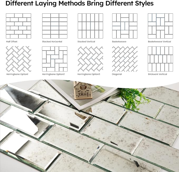 Peel and Stick Antique Mirror Backsplash Tiles 3x6 Inch, 5 Sq.ft | Beveled Smoked Mirrored Glass Subway Tile for Kitchen Bar Bathroom Accent TV Wall Tile