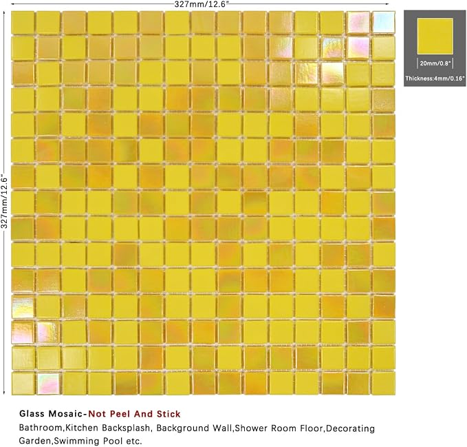 11.5 sq.ft Yellow Glass Mosaic Tile for Bathroom, Pool, Kitchen Backsplash | Waterproof Wall & Floor Tile. Heat & frost resistant outdoors. Mesh-mounted easy install. Use any grout. Easy clean. 10pcs.