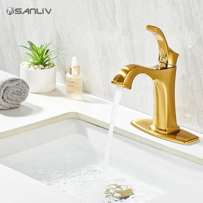 Brushed Gold Single Handle Bathroom Faucet, Deck Mount, 1 or 3 Hole Centerset, Solid Brass Body, Ceramic Disc Cartridge, Easy Installation, 6-Inch Deck Plate