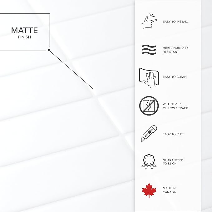 Smart Tiles Peel and Stick backsplash, Stacked Pure White, 11.43"x9" | Pack of 5 (3.5 sq ft), Matte, Heat/Moisture Resistant, Low VOC, Kitchen/Bathroom, Renter Friendly, Made in Canada