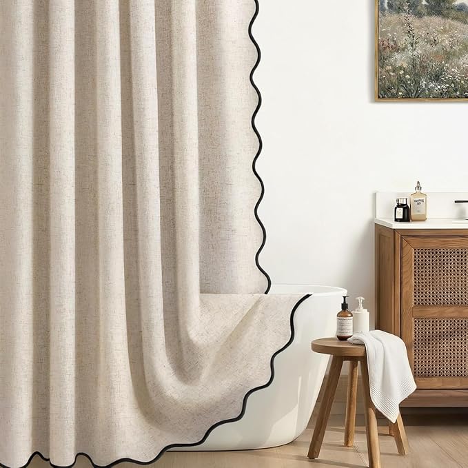 ORTIGIA Scalloped Shower Curtain Linen Textured with Metal Hooks, Waterproof Fabric Neutral Thick Cloth Cute Scallop Shower Curtains with Black Border for Rustic Farmhouse Bathroom Decor 72x72 Inch