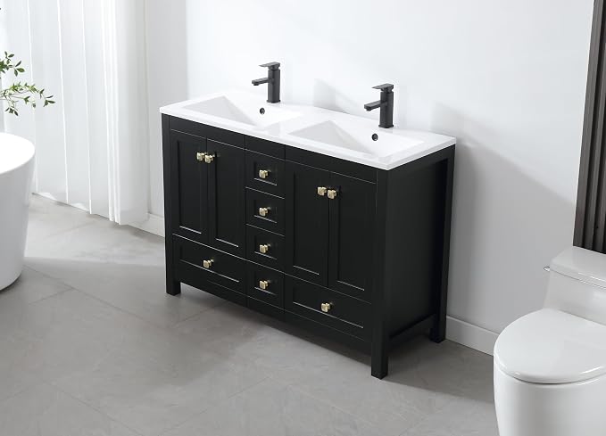 LUCKWIND 48" Bathroom Vanity and Sink Combos, Modern Bathroom Storage Painted Cabinet with Undercounter Resin Dual Sink Top, Matte Black Faucet and 6 Drawers, Mirror Not Included, Black
