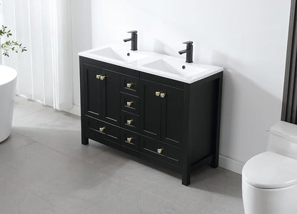 LUCKWIND 48" Bathroom Vanity and Sink Combos, Modern Bathroom Storage Painted Cabinet with Undercounter Resin Dual Sink Top, Matte Black Faucet and 6 Drawers, Mirror Not Included, Black