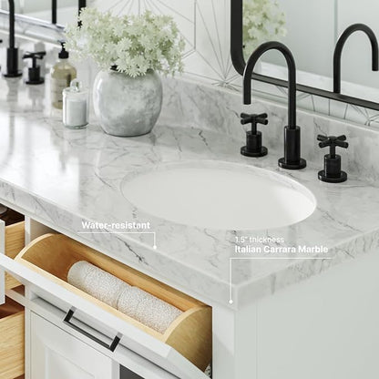 ARIEL Hepburn 66-inch Bathroom Vanity with Sink,Solid Wood, 1.5-inch Italian Carrara Marble Countertop & Backsplash, Double Oval Porcelain Sink, 4 Soft Closing Doors, 6 Dovetail Drawers, White
