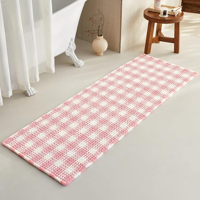 TYUU Waffle Runner Rug Bathroom, Long Cute Bath Mat, 72x24 Pink & White | Super Absorbent Quick Dry Bath Rug, Non-Slip Backing, Soft Waffle Washable Farmhouse Bathroom Mats, Tub, Shower & Home Decor