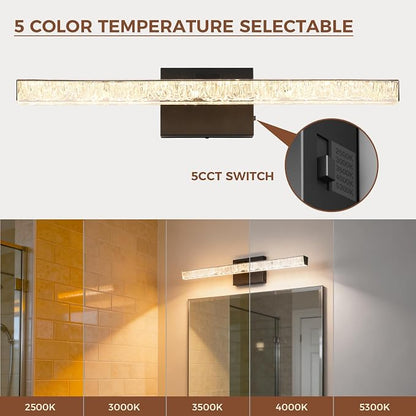 24 Inch LED Bathroom Vanity Light Fixtures, 5CCT Color Changeable Modern Wall Sconce with Iceberg Crackle Acrylic, Dimmable Matte Black Vanity Lighting for Mirror Cabinet, Makeup & Restroom
