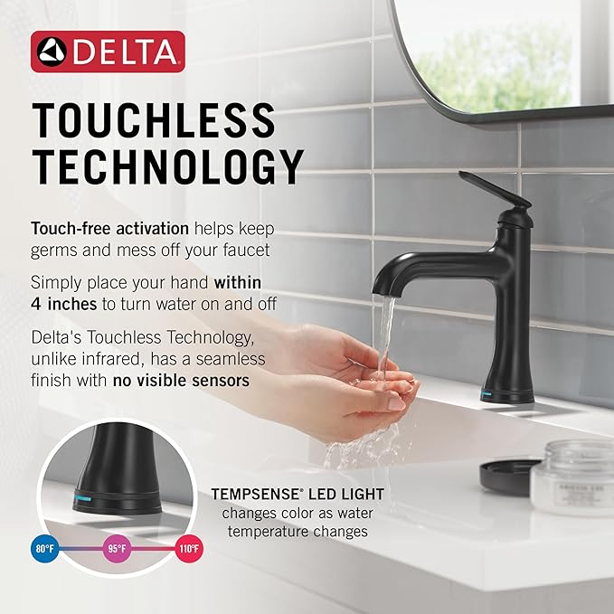 Delta Bonacci Touchless Bathroom Faucet 1-Hole with Touch On Technology, Matte Black Single Hole Bathroom Sink Faucet, Metal Push-Pop Drain, Matte Black 545T-BL-DST