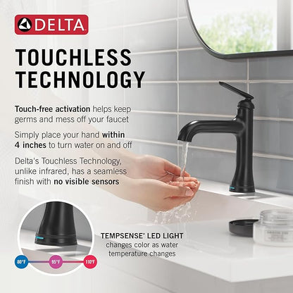 Delta Bonacci Touchless Bathroom Faucet 1-Hole with Touch On Technology, Matte Black Single Hole Bathroom Sink Faucet, Metal Push-Pop Drain, Matte Black 545T-BL-DST