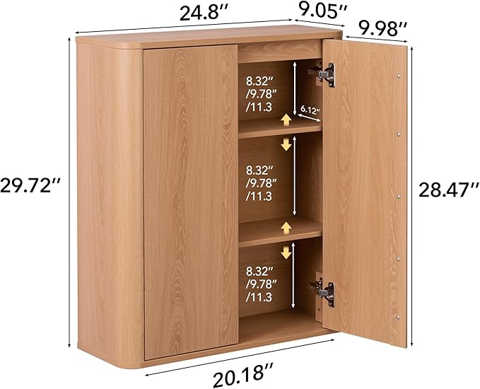 Wall Mounted Bathroom Cabinet, Premium Medicine Cabinet with Safe Rounded Edges, 2-Door Wood Storage Organizer with Adjustable Shelves for Laundry, Kitchen