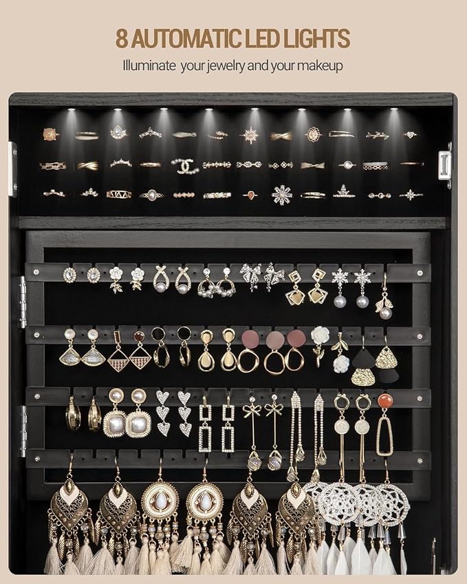 Hzuaneri 8 LEDs Jewelry Cabinet Armoire, 66.9-inch Jewelry Organizer | Lockable Full-length Mirror with Garment Rack & 4 Wheels, Storage Shelves with Hooks, 5-in-1, Black JC17004B