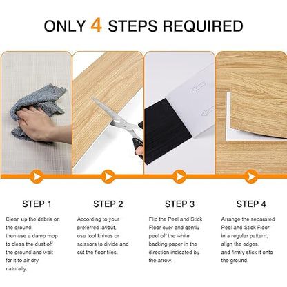 Peel and Stick Floor Tiles 36-Pack, Natural Oak Wood Plank Vinyl Flooring, Self-Adhesive Waterproof Floor Tile for Kitchen, Bathroom, Bedroom, Living Room, Easy Installation, 54 Sq Ft
