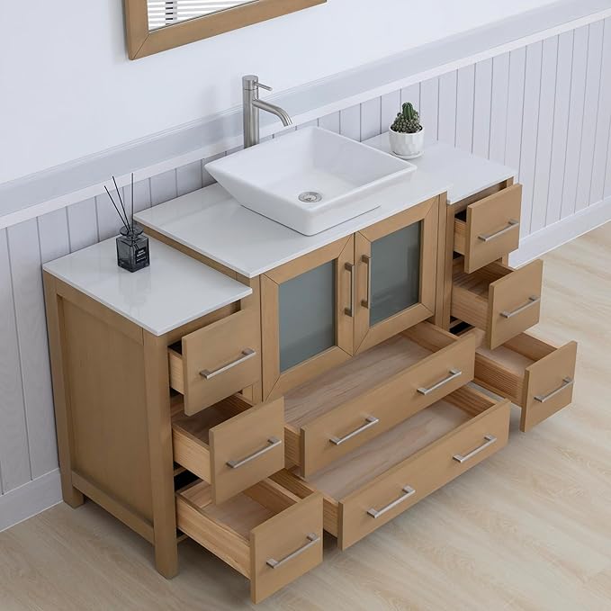 Vanity Art 54 Inch Vessel Single Sink Bathroom Vanity Cabinet with 1 Mirror, Engineered Marble Top Bathroom Cabinet Compact Set with 8 Dovetail Drawers and Soft Closing Doors, VA3130-54NO