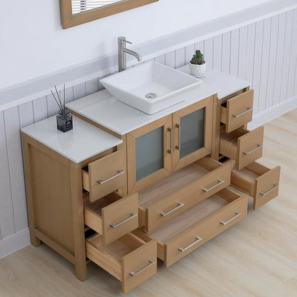 Vanity Art 54 Inch Vessel Single Sink Bathroom Vanity Cabinet with 1 Mirror, Engineered Marble Top Bathroom Cabinet Compact Set with 8 Dovetail Drawers and Soft Closing Doors, VA3130-54NO