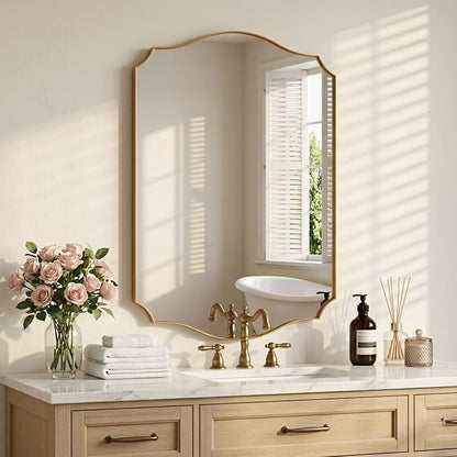 Gold Vanity Wall Mirror 36"x24", Scalloped Edge Bathroom Mirror | Rust-Proof Metal Frame, Hangs Vertically/Horizontally, Decorative Bathroom Mirror, For Vanity, Bedroom & Entryway