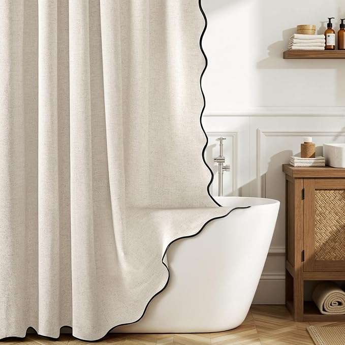 MIULEE 84" Long Natural Scalloped Linen Shower Curtain 72W x 84L | 12 metal hooks, Linen scalloped, waterproof washable, thick heavy cloth, black border, boho farmhouse, bathroom hotel use
