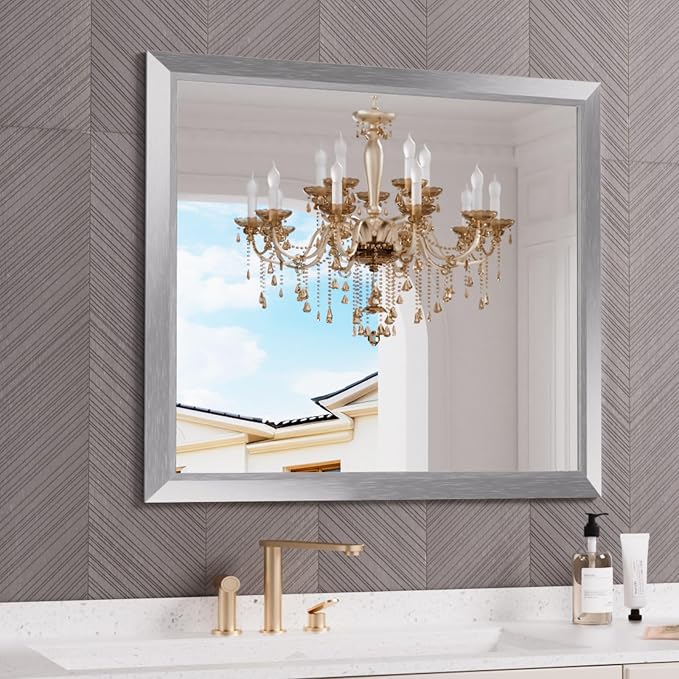 Bathroom Mirror for Wall, 40x36 Inch (Brushed Silver) | HD Reflection, Tempered Glass, Thick Metal Framed Rectangle Mirrors for Over Sink, Bedroom, Living Room, Entryway, Anti-Rust
