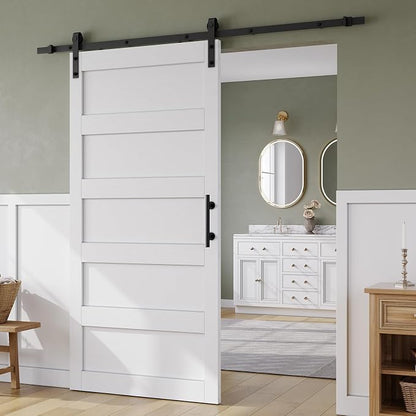 SMARTSTANDARD 38in x 84in Sliding Barn Door with 6.6FT Hardware Track Kit | Waterproof PVC Surface, Pre-Drilled Holes Easy to Assemble, Solid, MDF, White, 5-Panel