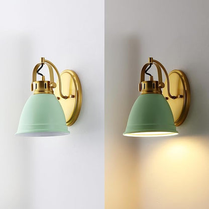 JONATHAN Y 7" Mint Green/Brass Gold 1-Light LED Vanity Light, Adjustable Wall Sconce for Bathroom Mirror, Farmhouse Bohemian Kitchen Light, Iron Black Bell Shade (JYL1114D)
