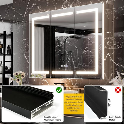 48"x36" Smart LED Medicine Cabinet with Mirror - Triple Door Bathroom Storage, Anti-Fog Technology, 3-Color Stepless Dimming, 5X Magnifier, Night Light, Soft-Close Hinges