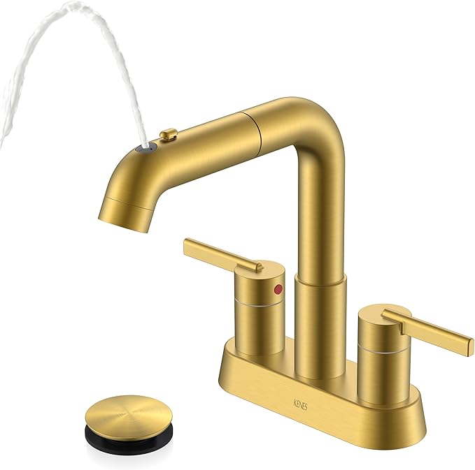 KENES Pull Down Bathroom Faucet with Sprayer, Brushed Gold 4 Inch 2 Handle Centerset Bathroom Faucet 3 Hole with Pull Out Sprayer, Vanity Faucet with Pop Up Drain & Supply Lines LJ-9059A-4
