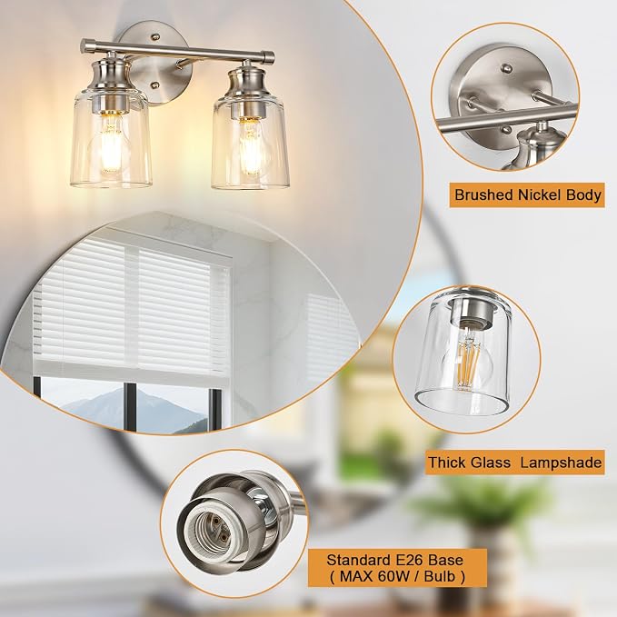 Bathroom Light Fixtures Over Mirror, 2 Lights Vanity Lights with Clear Glass Shade, 12.1" Brushed Nickel Farmhouse Bathroom Wall Light Fixtures for Bedroom, Hotel, Mirror Cabinet
