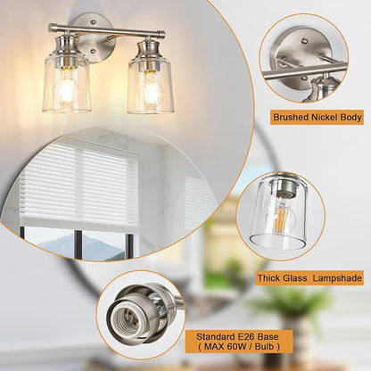 Bathroom Light Fixtures Over Mirror, 2 Lights Vanity Lights with Clear Glass Shade, 12.1" Brushed Nickel Farmhouse Bathroom Wall Light Fixtures for Bedroom, Hotel, Mirror Cabinet