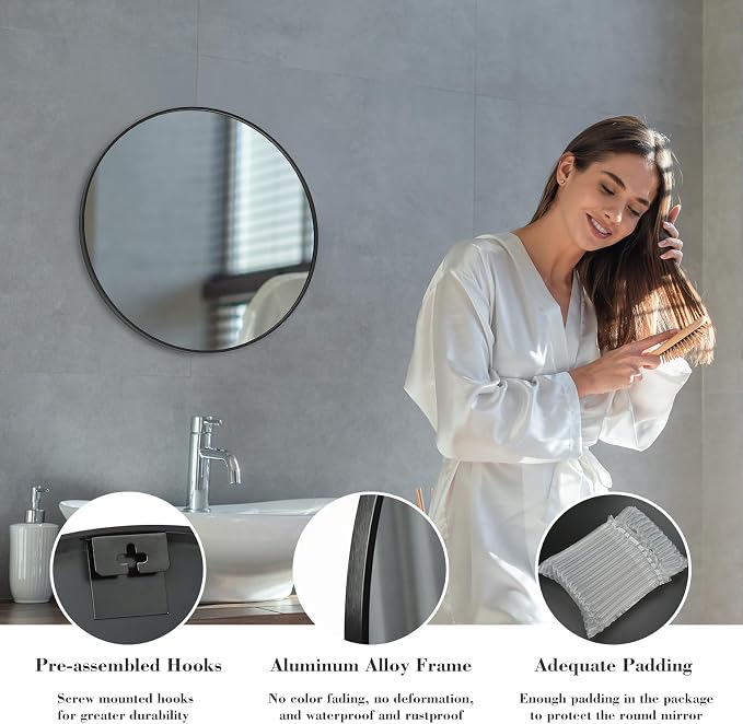 NEWBULIG 20 Inch Round Wall Mirror, Bathroom Mirrors for Over Sink | Metal Framed Circle Vanity Mirror, Wall Decor for Bedroom, Entryway, Anti-Rust, Tempered Glass, Hanging or Leaning, Black