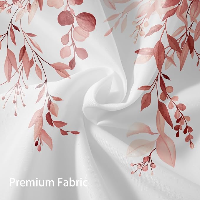 Pink Floral Eucalyptus Shower Curtain with Hooks, 72x84 Inch | Waterproof Fabric, Watercolor Leaves and Floral, Botanical Style, Machine Washable, Quick-Drying, for Hotel Bathroom